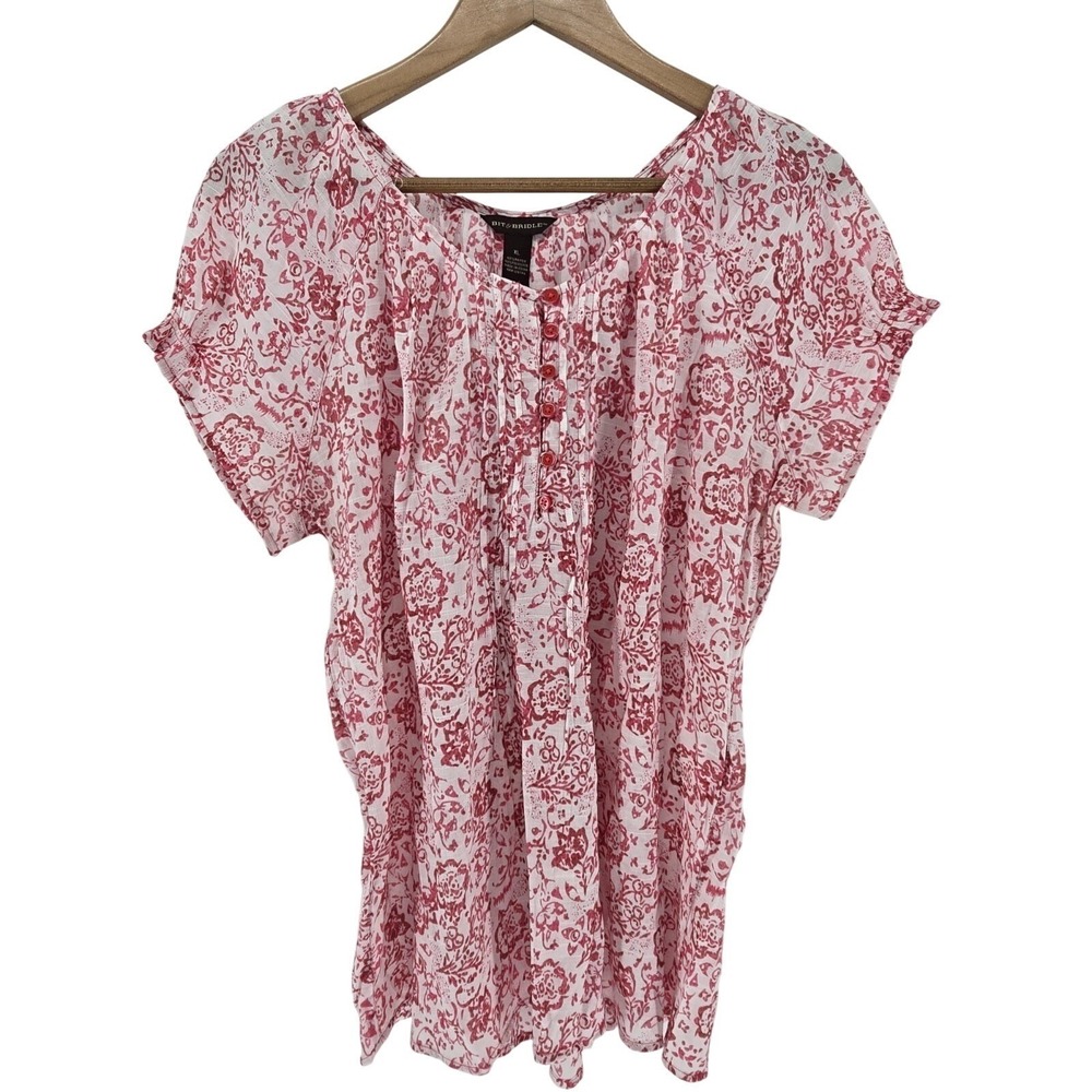 Bit & Bridle Blouse Womens XL Floral Paisley Pink Short Sleeve Pintuck EUC